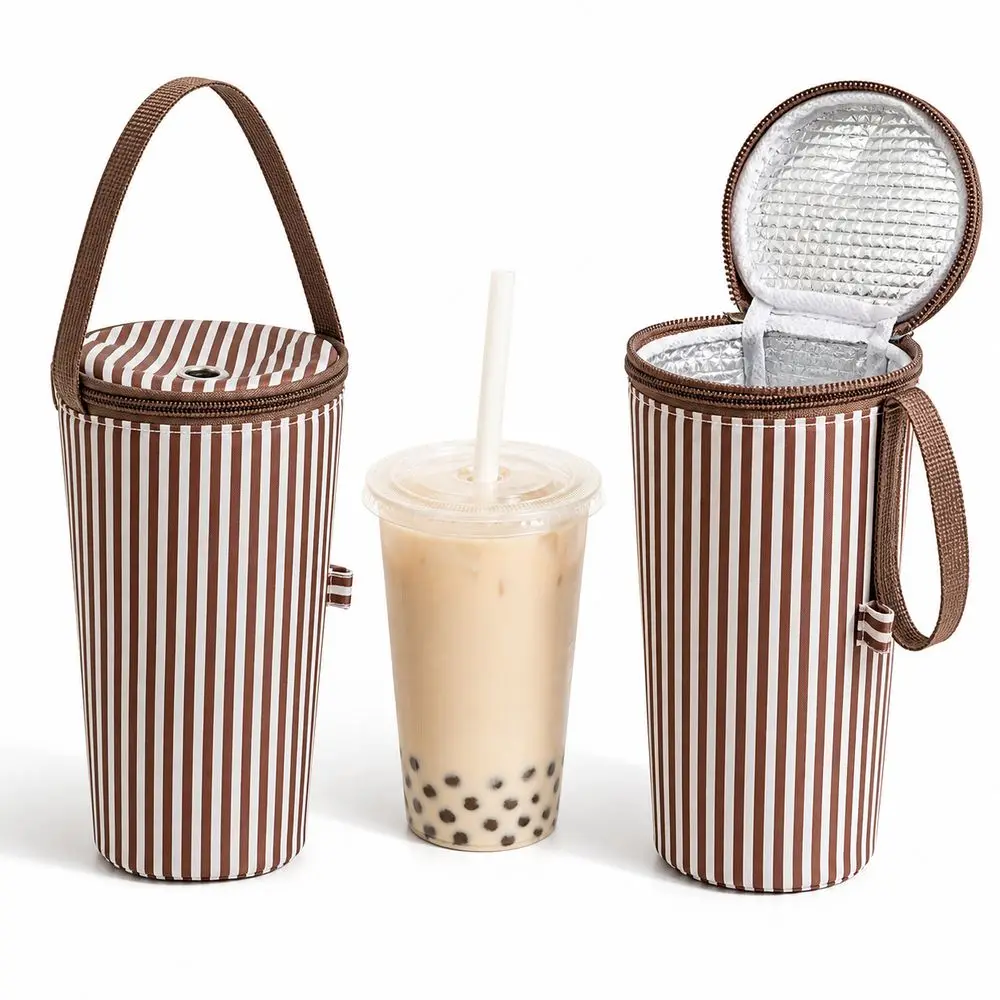 Cloth Bubble Tea Cup Sleeve Striped Pattern Thermal Insulation Drink Cup Carrier Portable Structure Carry Handle