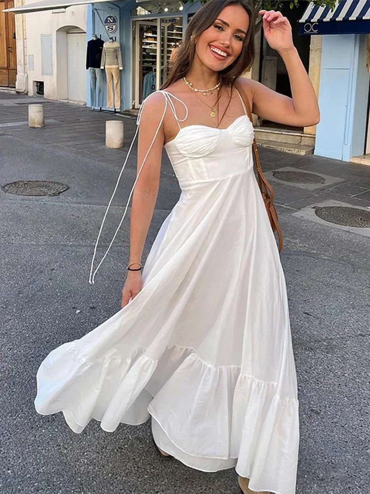 

Elegant Backless White Sling Maxi Dress For Women Fashion Summer Sleeveless Beach Long Dresses Female Chic Street Holiday Robe