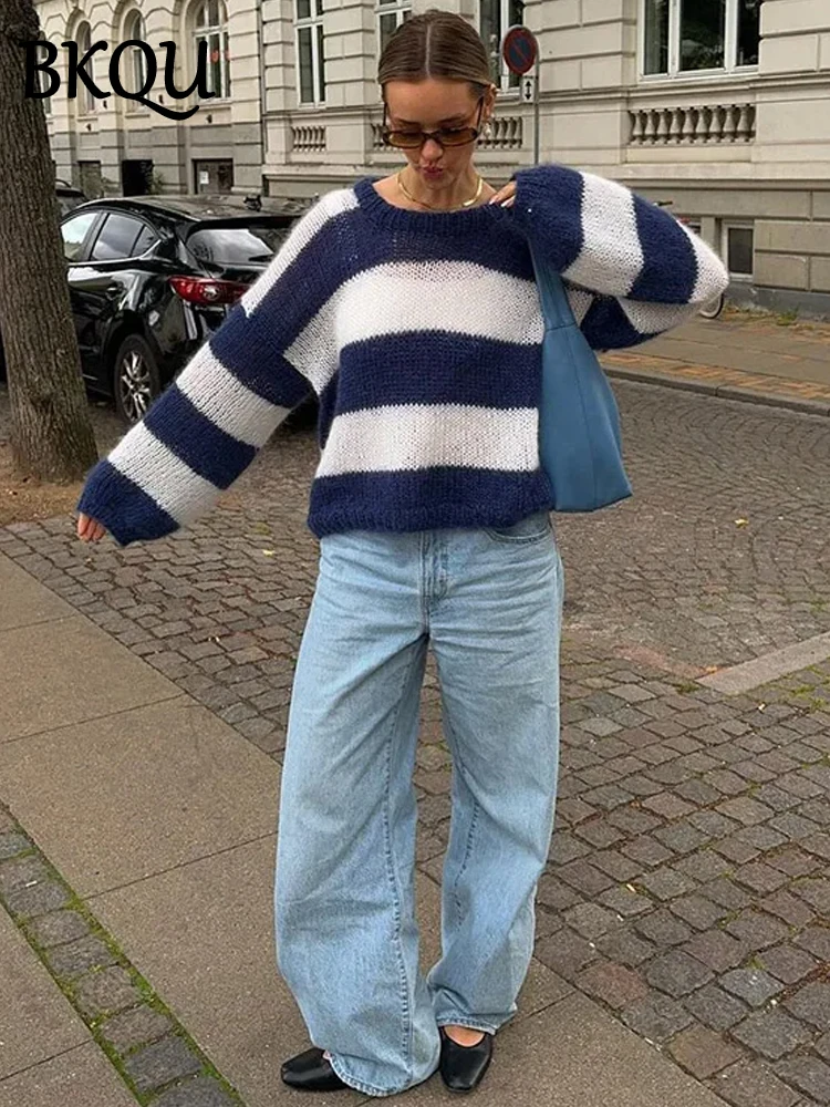 

BKQU Chic Knitted Striped Sweater Women Loose Casual O-Neck Long Sleeve Female Pullovers 2024 Winter Lady Street Knitwear Jumper