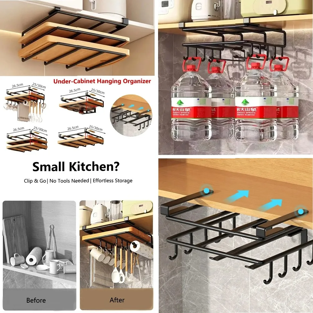 

Kitchen Hanging Organizer Rack with Hooks Under Cupboard Paper Towel Rags Hanger Cutting Board Pot Cover Holder Storage Shelf
