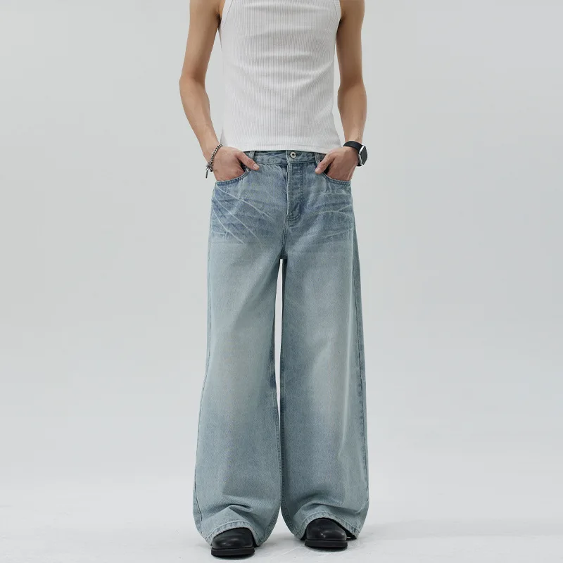 Men's Straight Wide Leg Light Blue Loose Simple Basic Casual Trendy Washed Denim Trousers Male New Fashion Jeans Pants Clothes