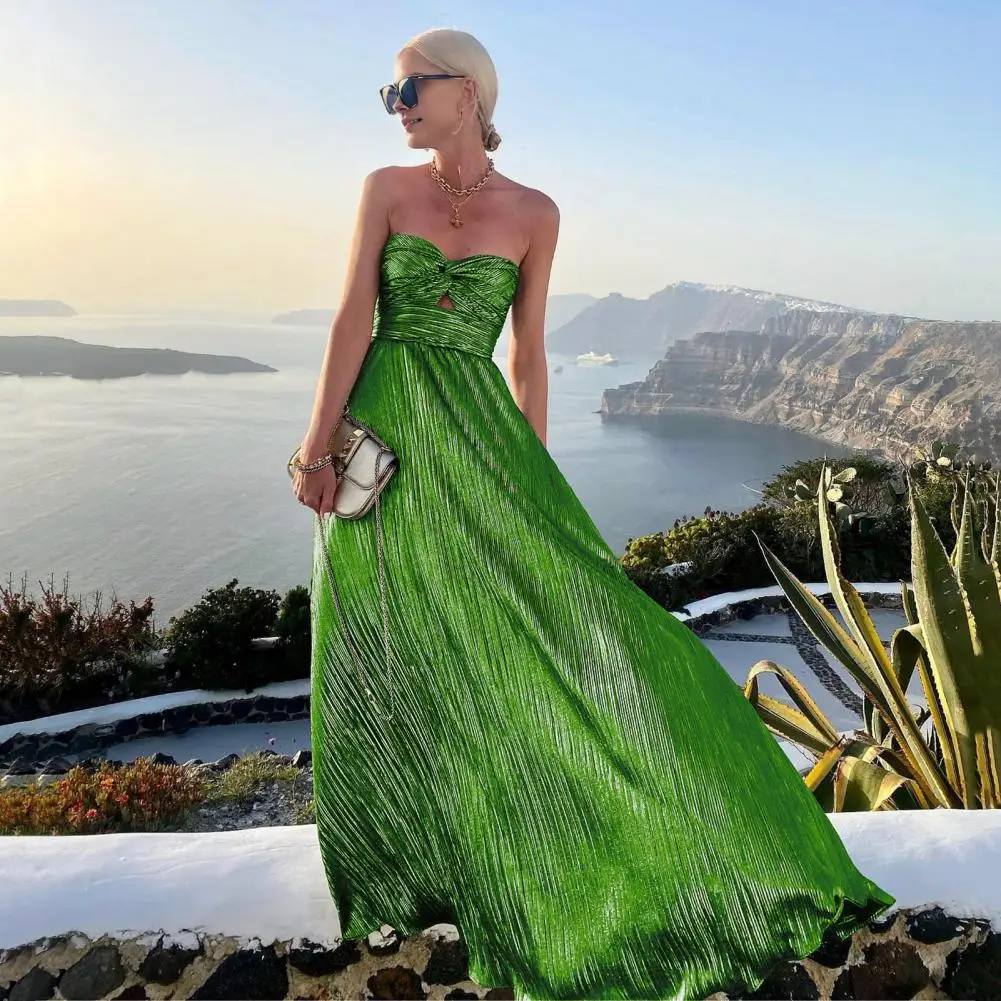 Vestido de fiesta con dobladillo plisado para mujer, Maxi elegante vestido con hombros descubiertos, banda bronceadora, plisado alto para baile de graduación especial