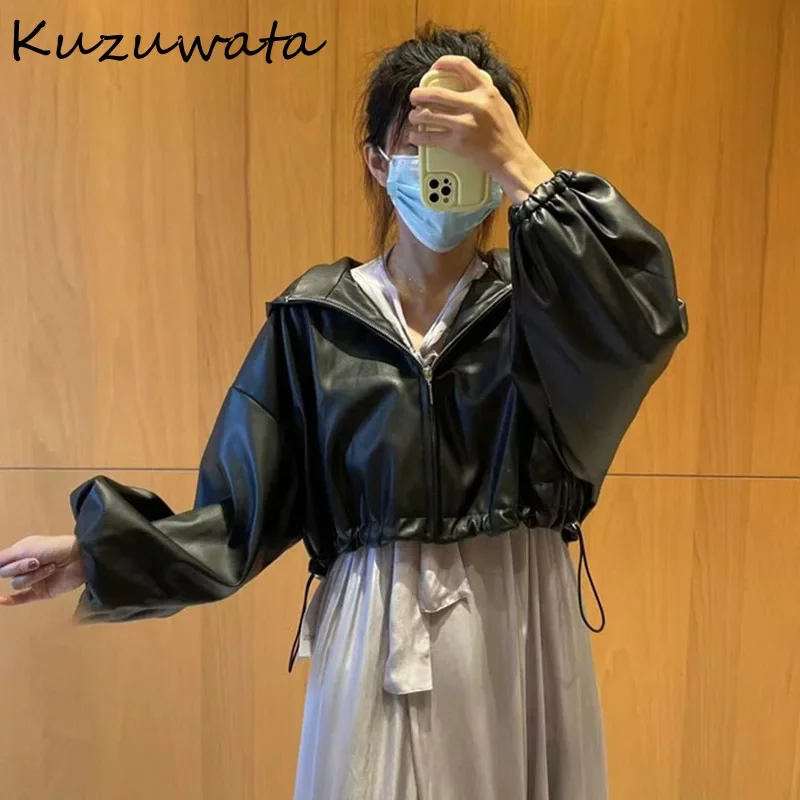 Kuzuwata Japanese Hooded Lantern Sleeve Jackets Loose Double Pockets Drawstring Outwears Fashion Sweet Zip Coat Women