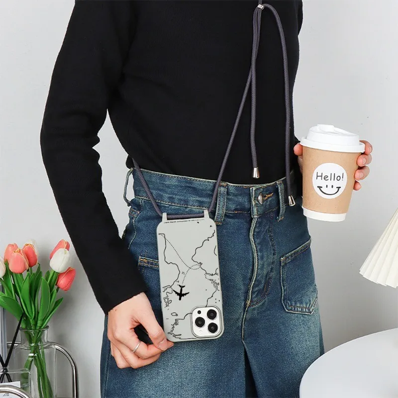 フライトルート柄 iPhone 16 15 14 Pro Max 13 12 Mini 11Pro XS XR 7 8 Plus SE用 ランヤード付き耐衝撃ソフトケース