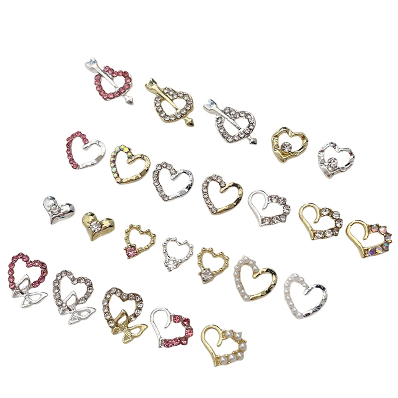 10pcs Heart Alloy Nail Art Charm 3D Sailor Metal Diamond Pearl Hollow Heart Love Nail Jewelry Luxury Nail Accessories