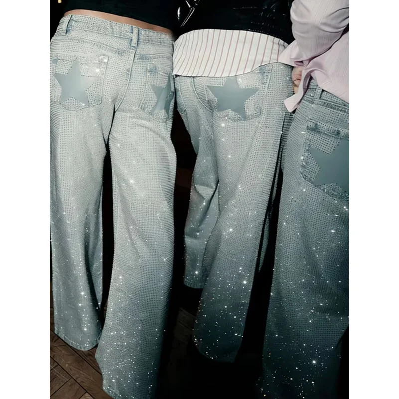 QICHE Trendy Star Pattern Floor‑Sweeping Denim Pants Women Y2K Sweet‑Spicy Style Loose Straight‑Leg Casual Bottom