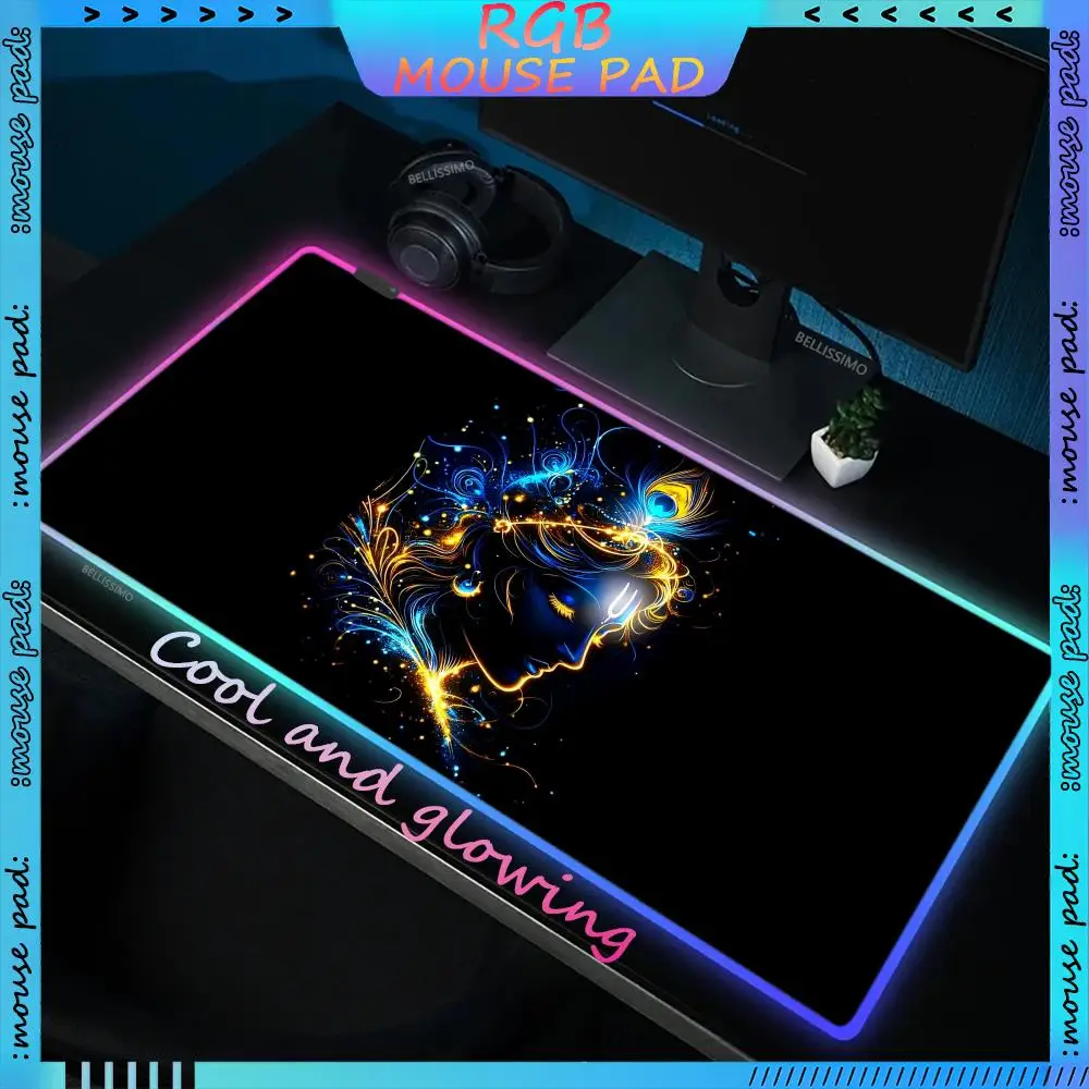 RGB Indian God Anime XXL MousePad Black Gamer Keyboard Pad LED Game Accessories HD Desk mat Luminous Rubber Non-slip Mouse Pad