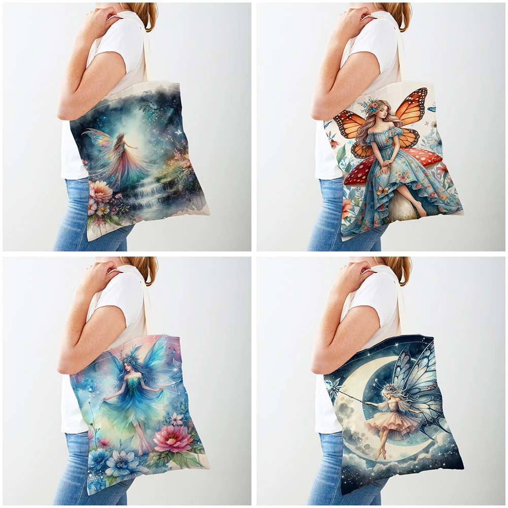 Double Print Children Gift Travel Lady Tote Shoulder Handbag Canvas Women Shopper Bags Cute Cartoon Elf Girl Shopping Bag