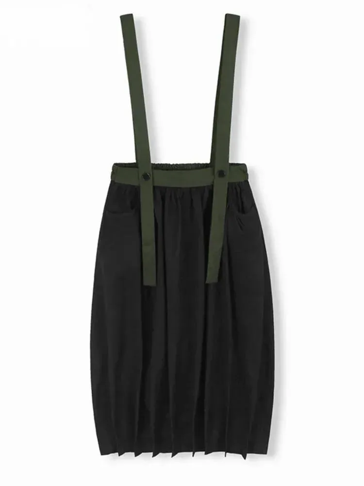 

High Elastic Waist Black Green Color-block Pleated Strap Half-body Skirt Women Fashion Tide New Spring Autumn