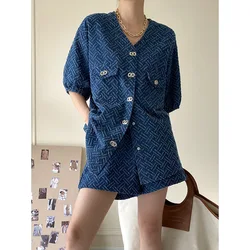 Spring Summer Women Denim Suit Fashion Commuter Loose Short-sleeved V-neck Denim Jacket Top Elastic Sleeve Denim Shorts 2pcs Set