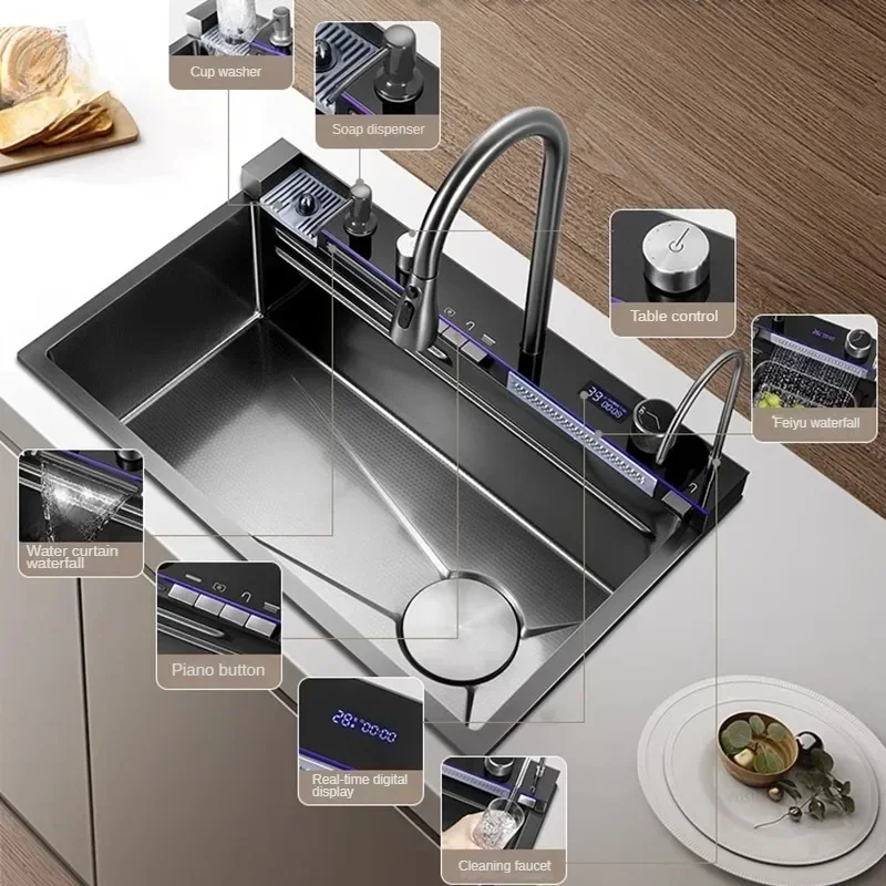 Raindance Waterfall Kitchen Sinks Nano Stainless Steel 304 Home Kitchen Wash Basin Digital Display Embossed Large Single Slot B