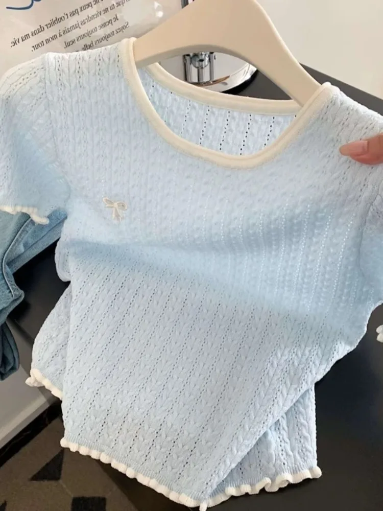 

Summer Slim Fit ort Sve T-irt Women's Knot Embroidery Ice Silk Knitted Top Sli Casual round Ne Tee
