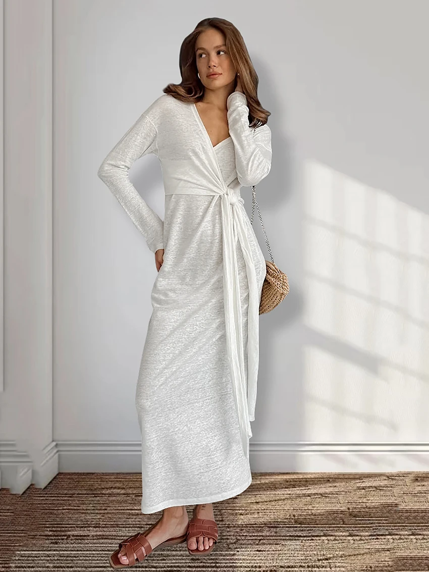 

Marthaqiqi White Women Nightwear V-Neck Nightgown Long Sleeve Sleepwear Lace Up Pyjamas Ankle-Length Dress Fashion Female Pajama