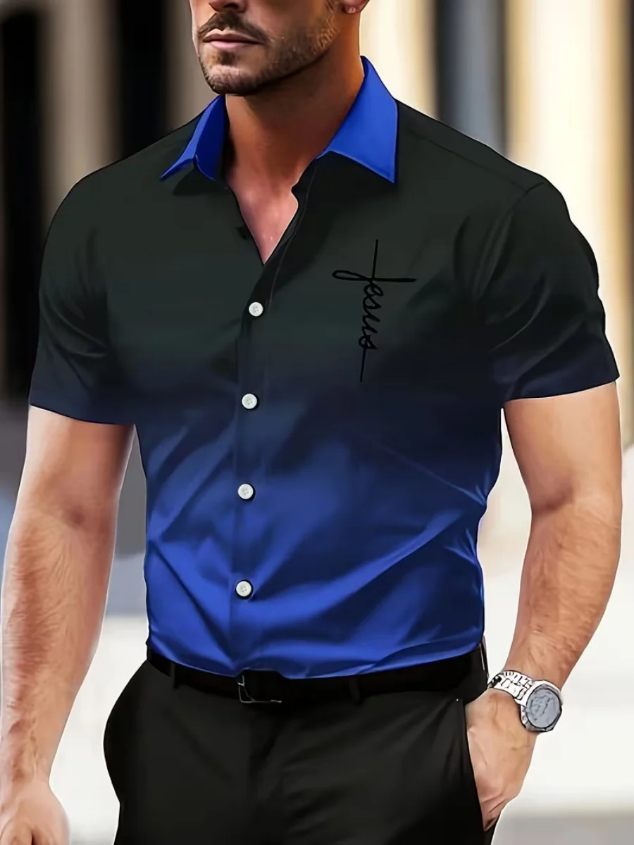 

New men's gradient short-sleeved shirt, casual button-down shirt, casual business top, fast shipping.