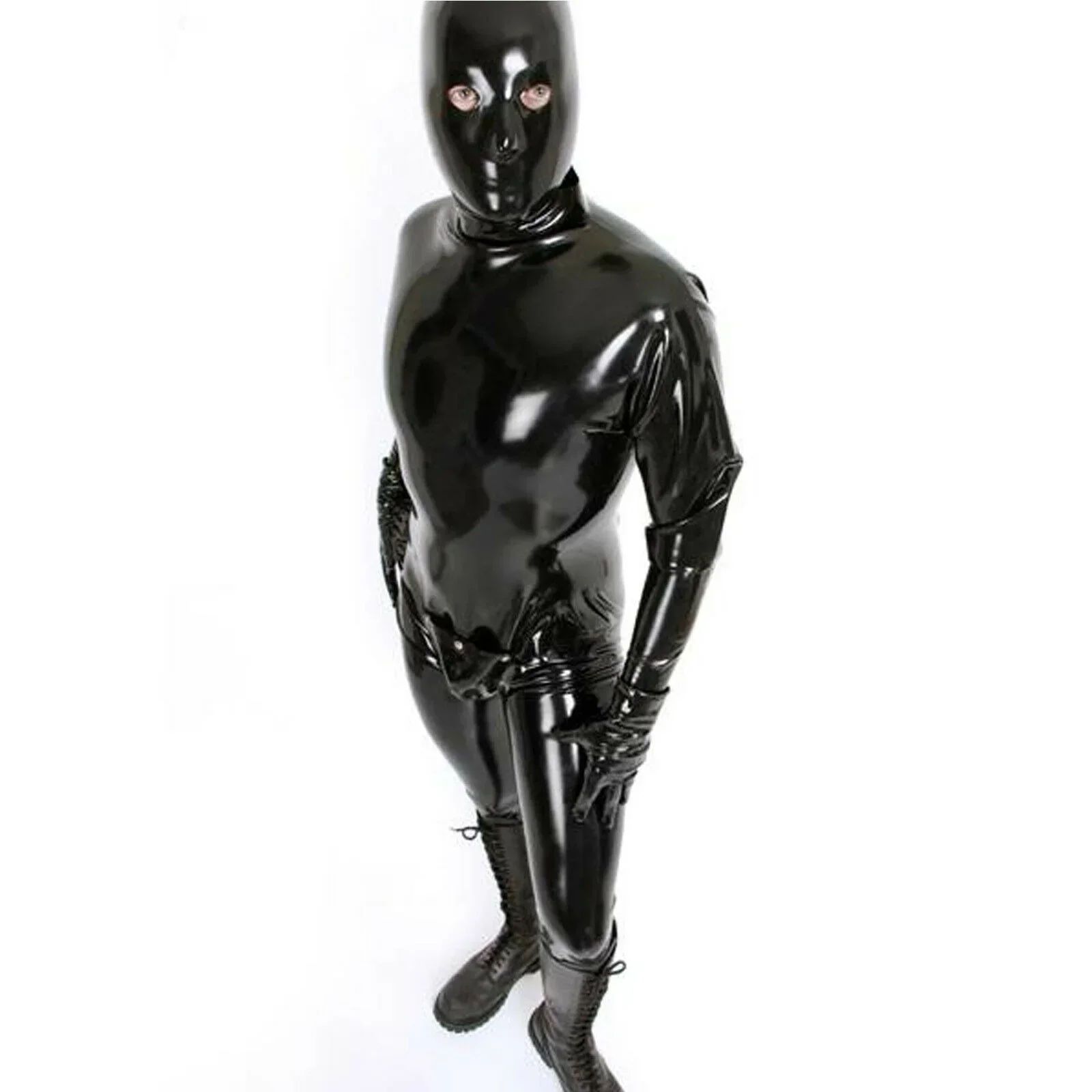 100%Latex Rubber Jumpsuit Catsuit schwarz Gloves Socks Tight Zipper 0.45mm S-XXL