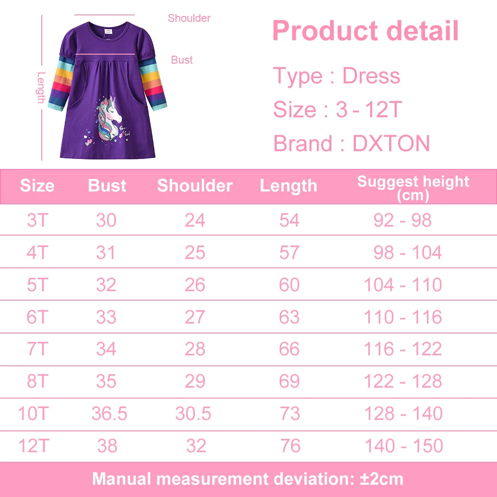 DXTON Kids Dress for Girls Autumn Winter Long Sleeve Cotton Dress Rainbow Unicorn Cartoon Print Casual Wear Children Clothes