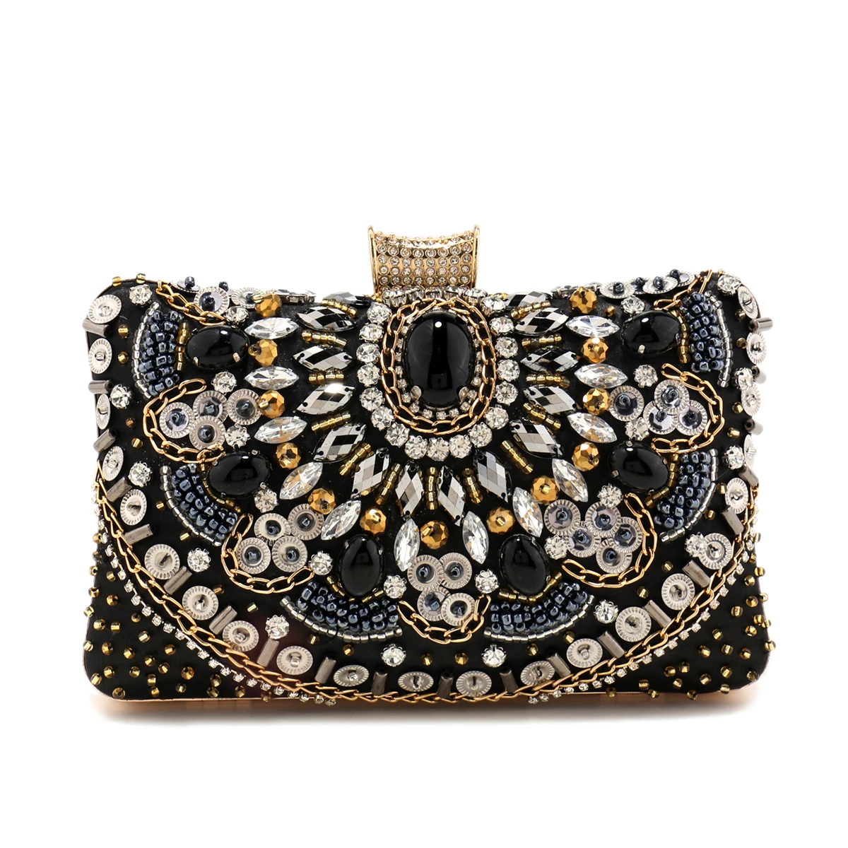 Vintage Women Black Beaded Evening Clutch Bags Ladies Box Metal Clutches Wedding Cocktail Party Handbags Purses