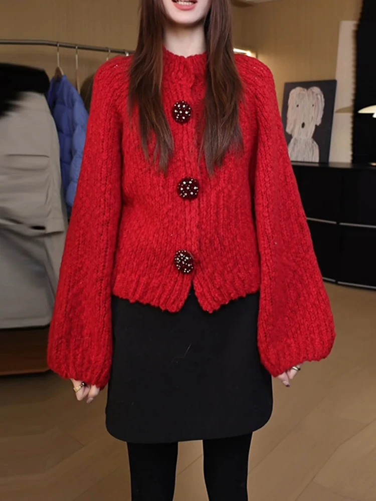 

Корейский стильный красный вязаный кардиган для женщин, теплый свитер на пуговицах с длинными рукавами и круглым вырезом, к Лунному Новому году
