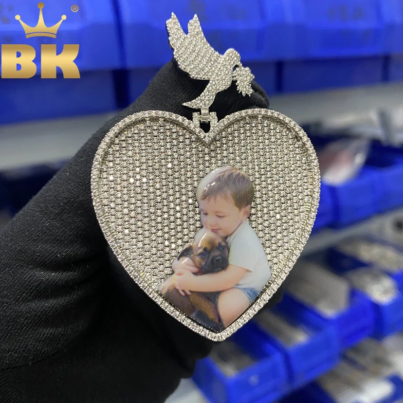 TBTK Customized Picture Premium Heart Pendant Dove Bail Photo Medallion Micro Paved CZ Engraved Memory Jewelry Gift For Family