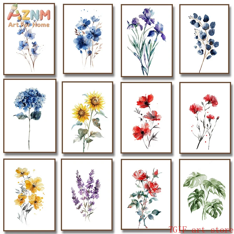 AZNM Watercolor Floral Canvas Print Sunflower Rose Lavender Hydrangea Iris Eucalyptus Monstera Botanical Wall Art Unframed Home