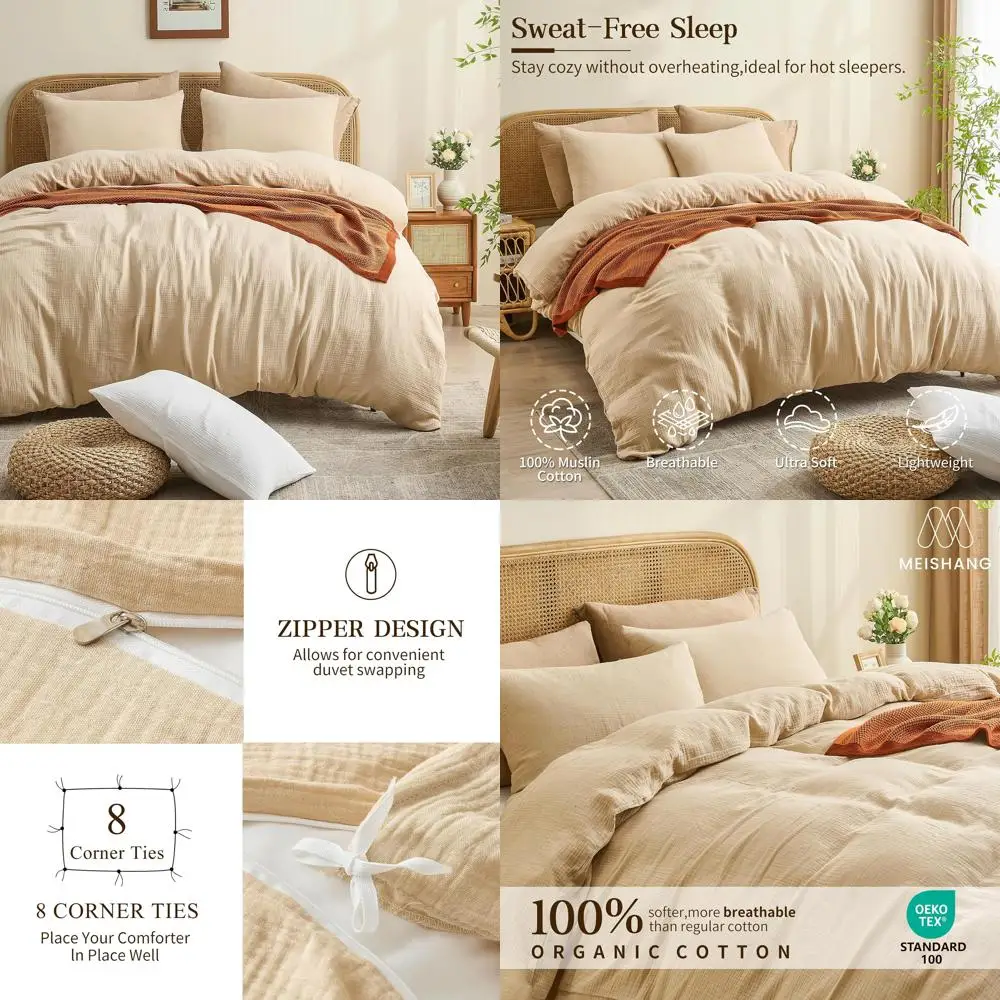 

Queen Size Organic Cotton Muslin Duvet Cover - Soft Gauze Woven Comforter Cover for Year-Round Breathability