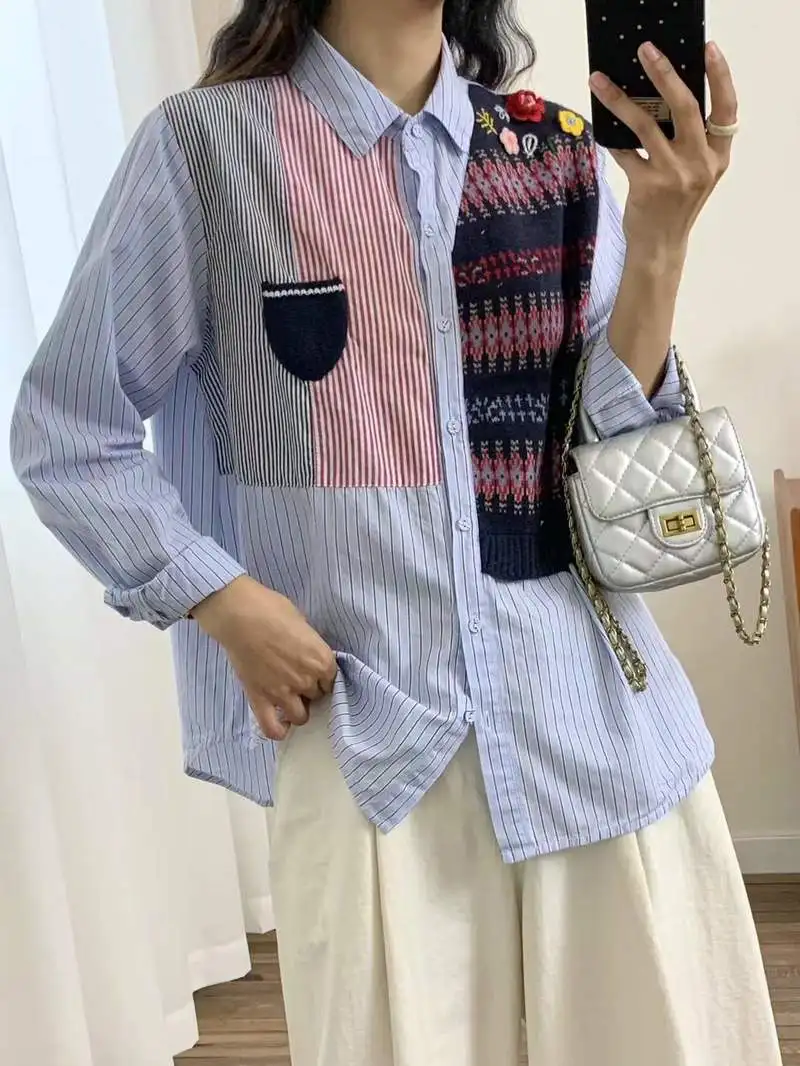 Neues 2026 Frühlings-Baumwoll-Langarmshirt, Damen-Revers-Strickwolle-Patchwork, Mori Girl Perppy Style INS Lose Bluse T5D618CC