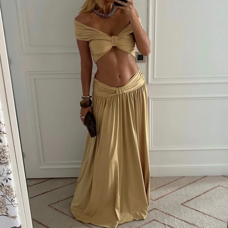 Fashion Sleeveless Hollow Out Crop Tops&Half Skirts Sets Summer Solid Color Slim Ruffles Vacation Sets Elegant Lady Party Outfit view 5