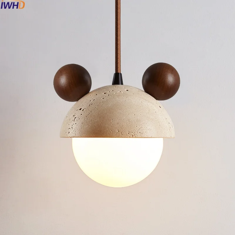 IWHD Home Decor LED Pendant Light Fixtures Bedroom Living Room Balcony Creative Design Hanging Lamp Cave Stone Wood Lamparas