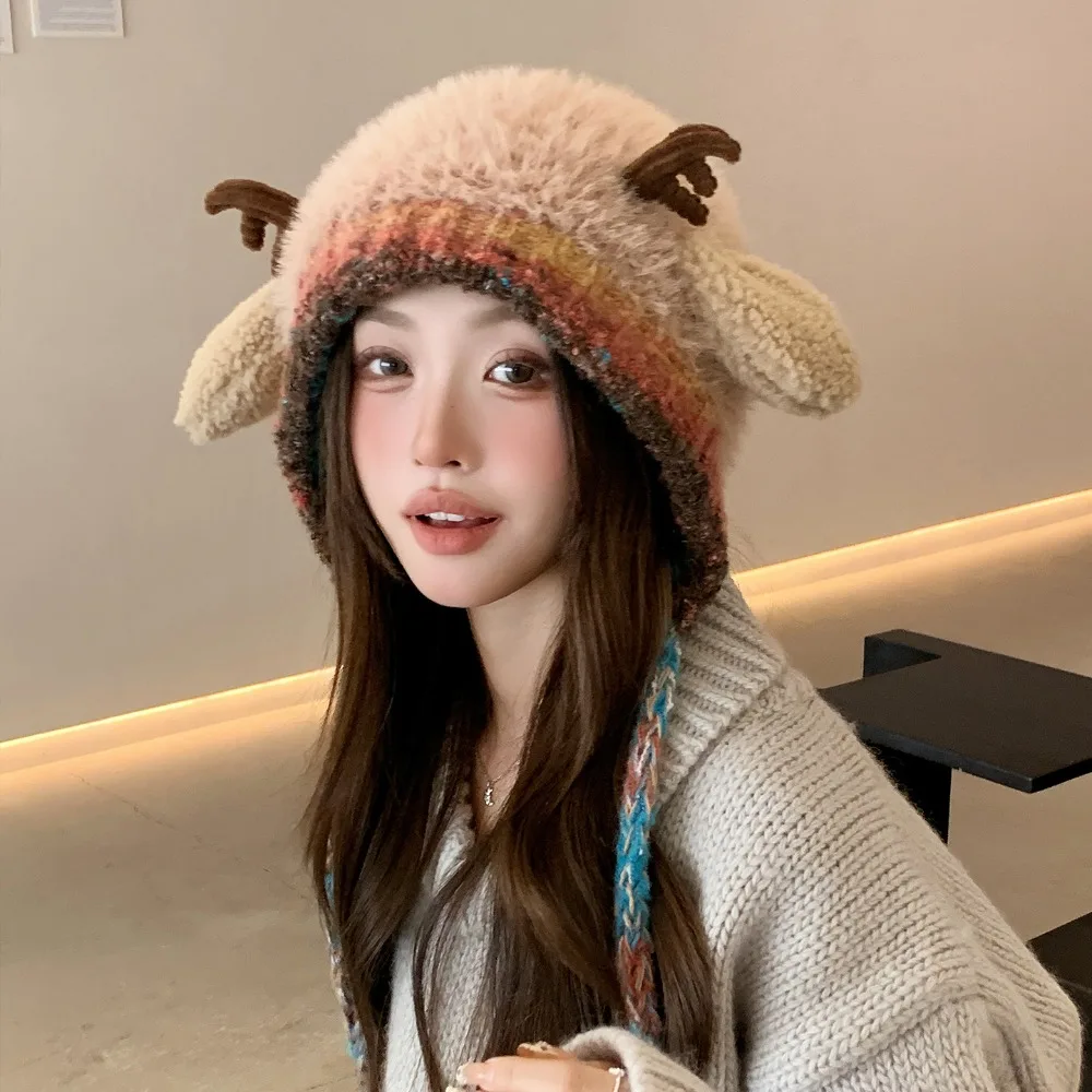 New Fur Deer Storage Hat Ear Protection Warm Knitted Deer Antler Hat 2 In 1 Adjustable Winter Cap Outdoor