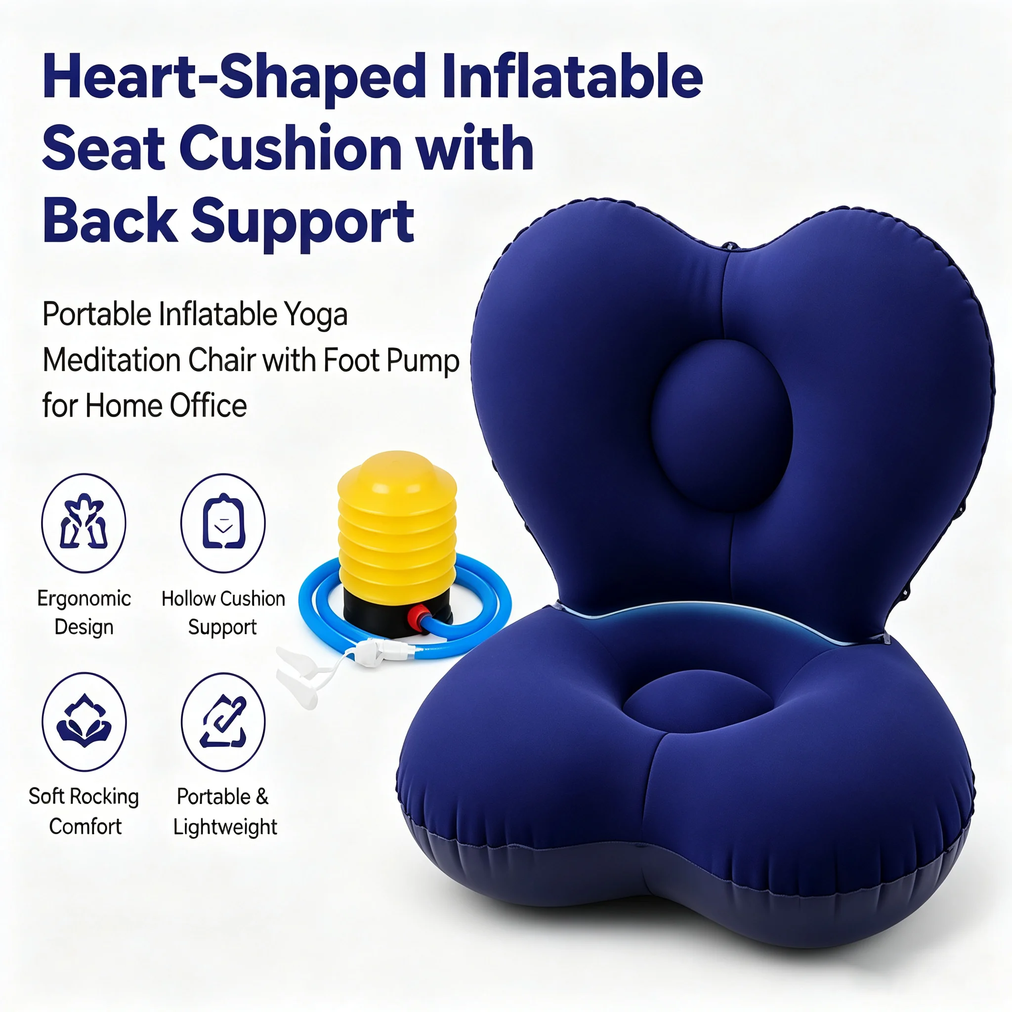 Heart Shaped Inflatable Seat Cushion with Back Support Portable Inflatable Yoga Meditation Chair with Foot Pump for Home Office