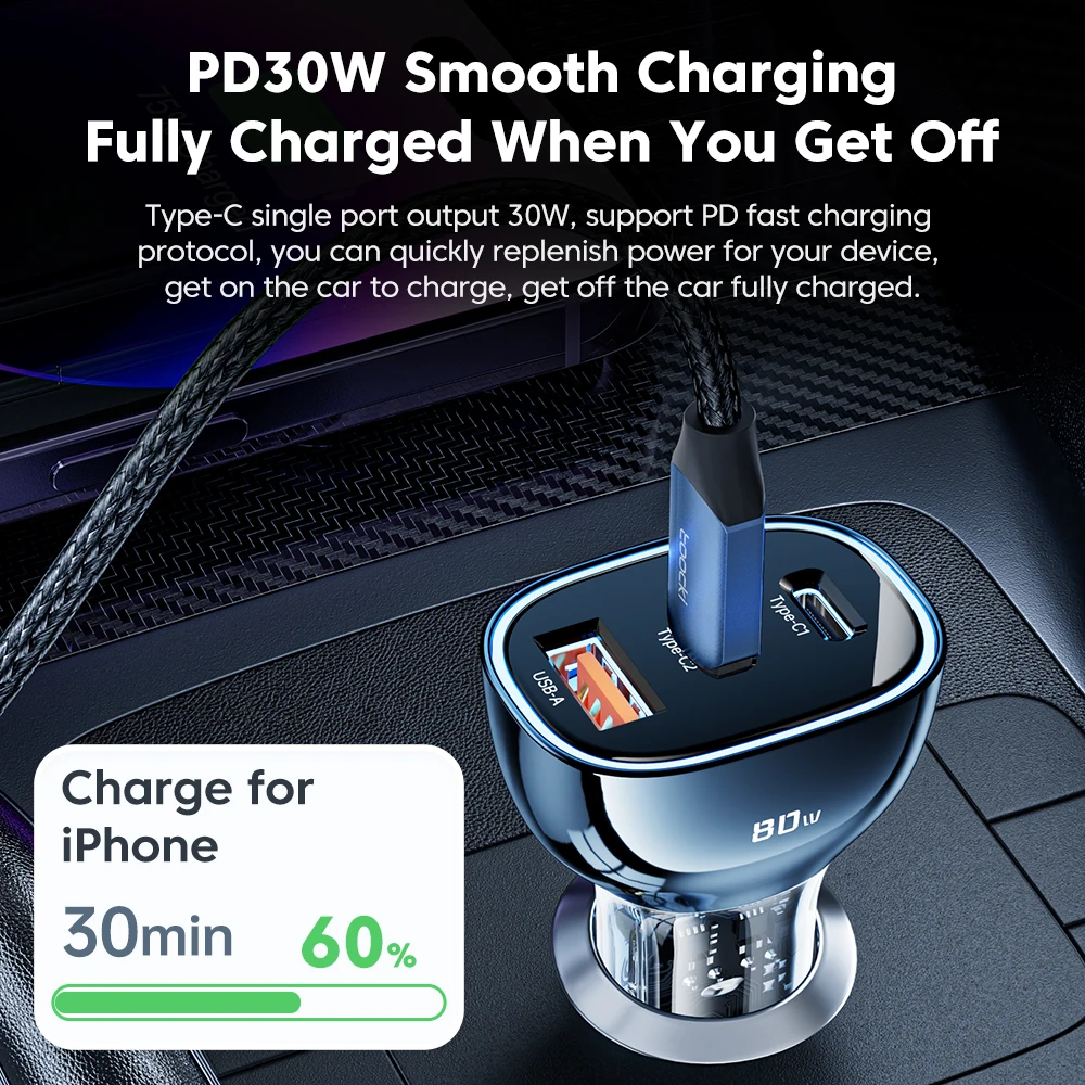 Toocki 80W USB C Car Charger QC3.0  Quick Charge PD Fast USB Type C Car Phone Charger For iPhone iPad Xiaomi POCO Huawei Samsung