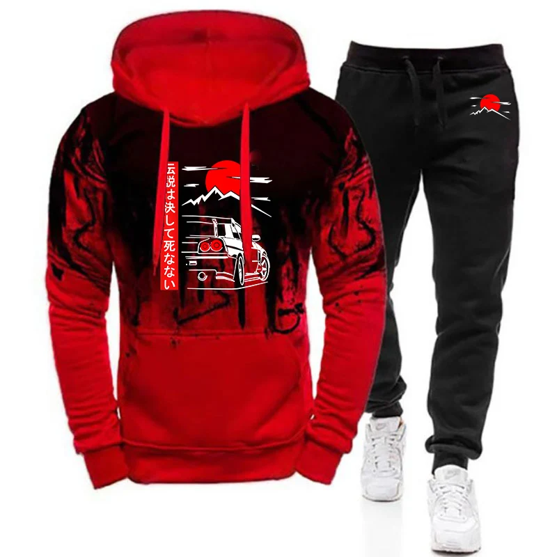 Japanese Style Car JDM Culture GTR Racing 2025 Spring Autumn Men's New Gradient Color Set Hoodie+Casual Sweatpant Two-piece Suit