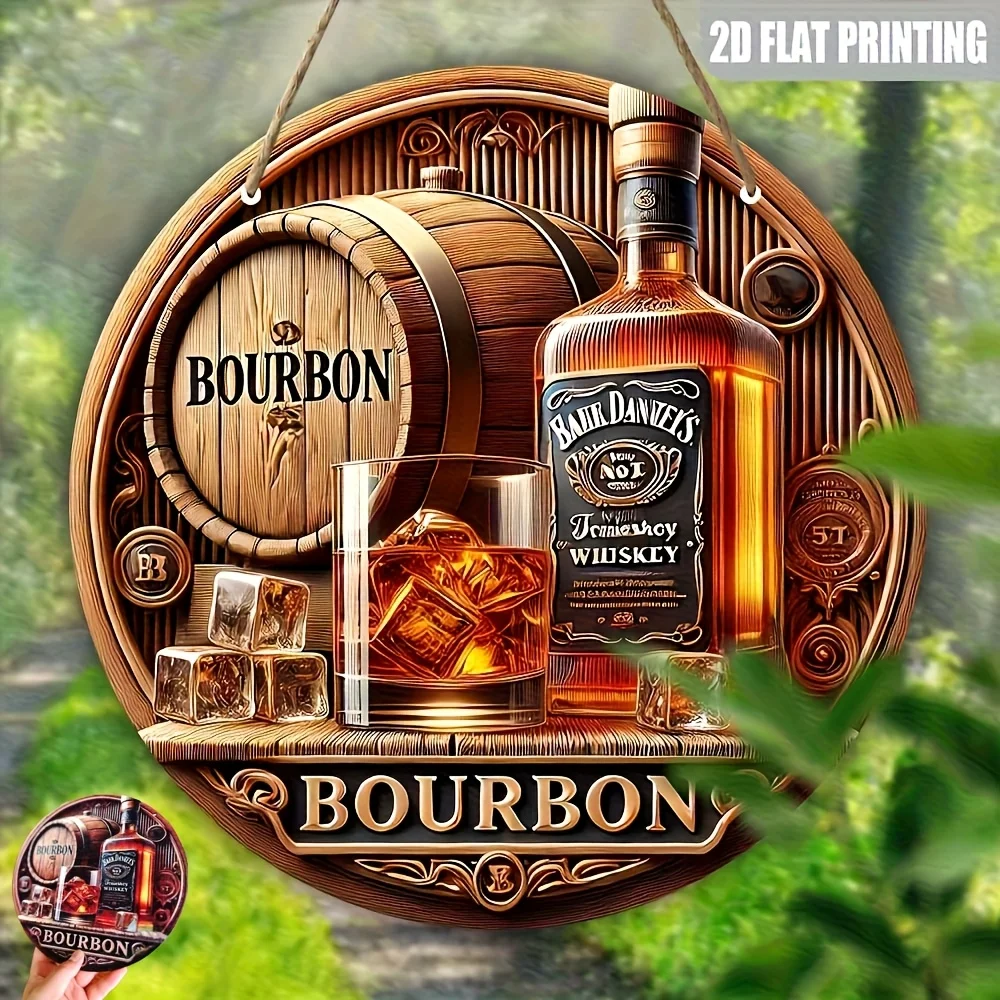 Letrero decorativo de pared de whisky Bourbon Vintage plano 2D, 1 unidad, decoración de barra rústica de madera reciclada Circular de 8 "x 8" con barril Bourbon y G