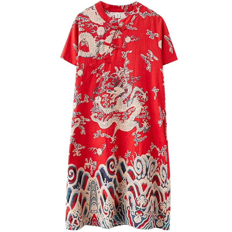 Summer New Sle Northeast Large Flower Ethnic Artistic Cotton Linen Print ort Sve Women's Qipao Dr Traditional Chine...