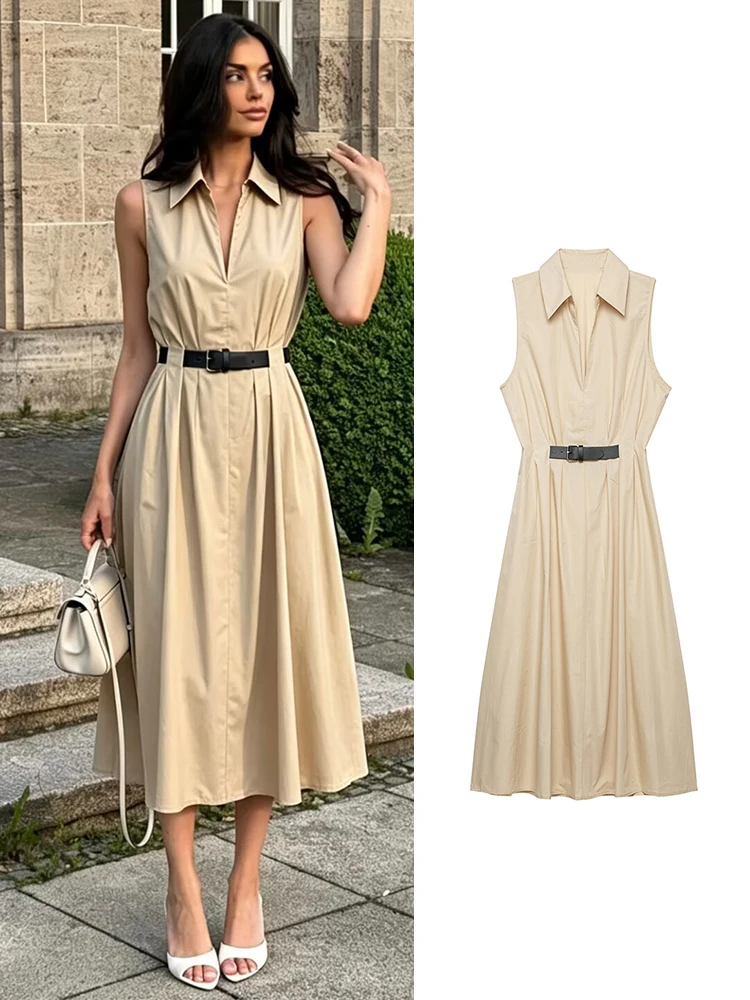 TFMLN Sommer-Hemdkleid für Damen im französischen Stil, Vintage, ärmellos, schmal geschnitten, Midikleid mit Gürtel, elegante Retro-Mode für Damen