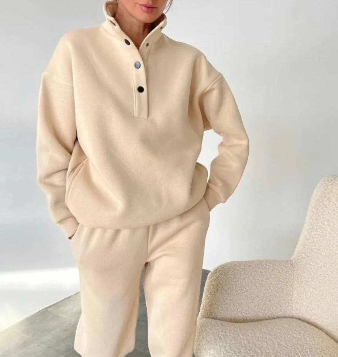 

Женский комплект из толстовки с воротником-поло и брюк, осенне-зимний новый спортивный костюм из двух предметов на пуговицах, повседневный комплект одежды для дома