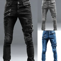 Calça jeans punk hip-hop preta masculina, moda de rua de motocicleta, calça jeans casual, perna reta, primavera, verão, nova moda rock