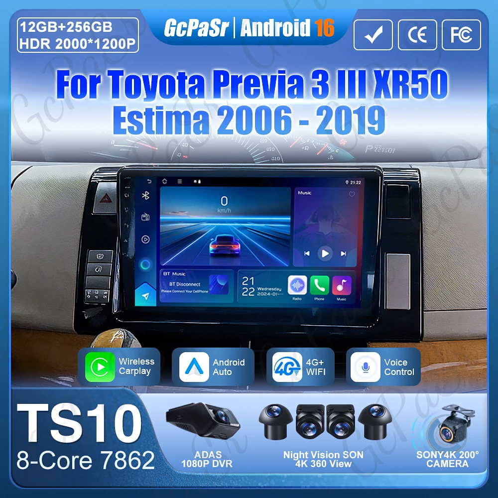 Android 16 For Toyota Previa 3 XR50 Estima 2006-2019 Car Radio Carplay Video GPS Navigation No 2din 4G Wifi Stereo Multimedia 2k