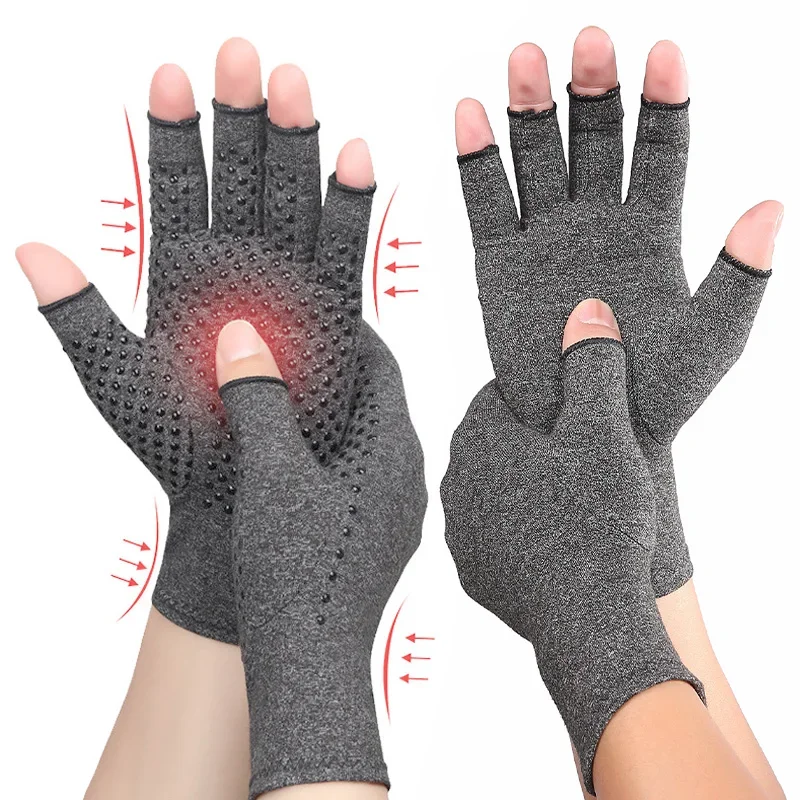 Women Men Pressure Gloves Compression Gloves Hand Copper Arthritis Joint Pain Relief Half Finger Anti-Slip Therapy Gloves