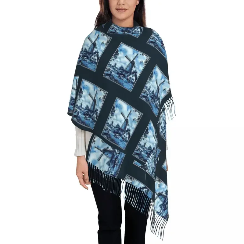 Custom Printed Dutch Blue Delft Vintage Windmills Farm Print Scarf Men Women Winter Warm Scarves Landscape Shawls Wraps