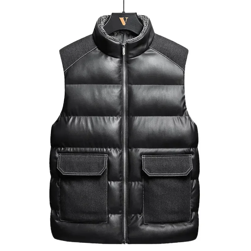 

Mens Vest PU Jacket Winter Warm Sleeveless Jackets Leather Jacket Coat Autumn Stand-up Collar Casual Waistcoat Brand Clothing