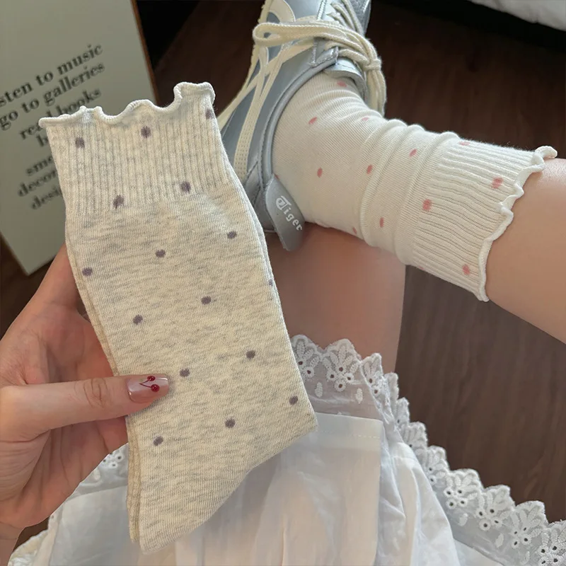 5/10 أزواج النساء متموجة حافة جولة نقطة منتصف جوارب أنبوبية الصيف رقيقة تصميم امتصاص العرق تنفس الباليه نمط الجوارب الطويلة