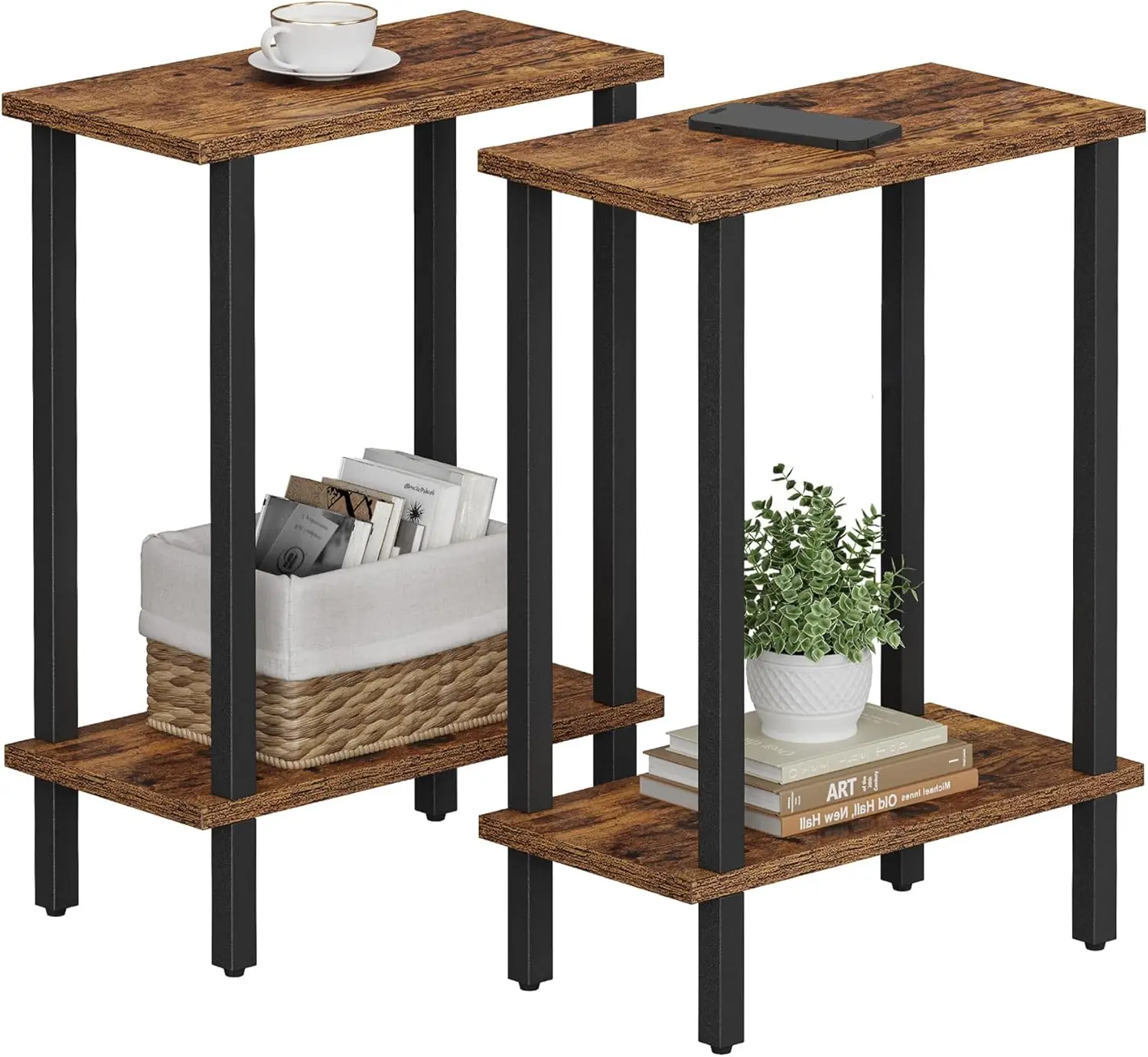 

Small Side Table, Narrow End , Set of 2, Skinny Sofa , Slim Nightstand, Couch , Living Room, Bed Room, Brown