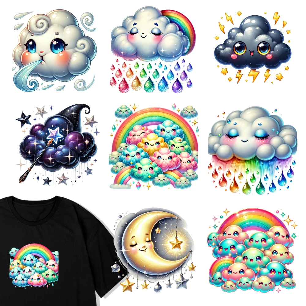 9 Pcs Rainbow Clouds Iron on Transfers casual style. for Clothing T-Shirt Jeans Applications Washable heat transfer stickers