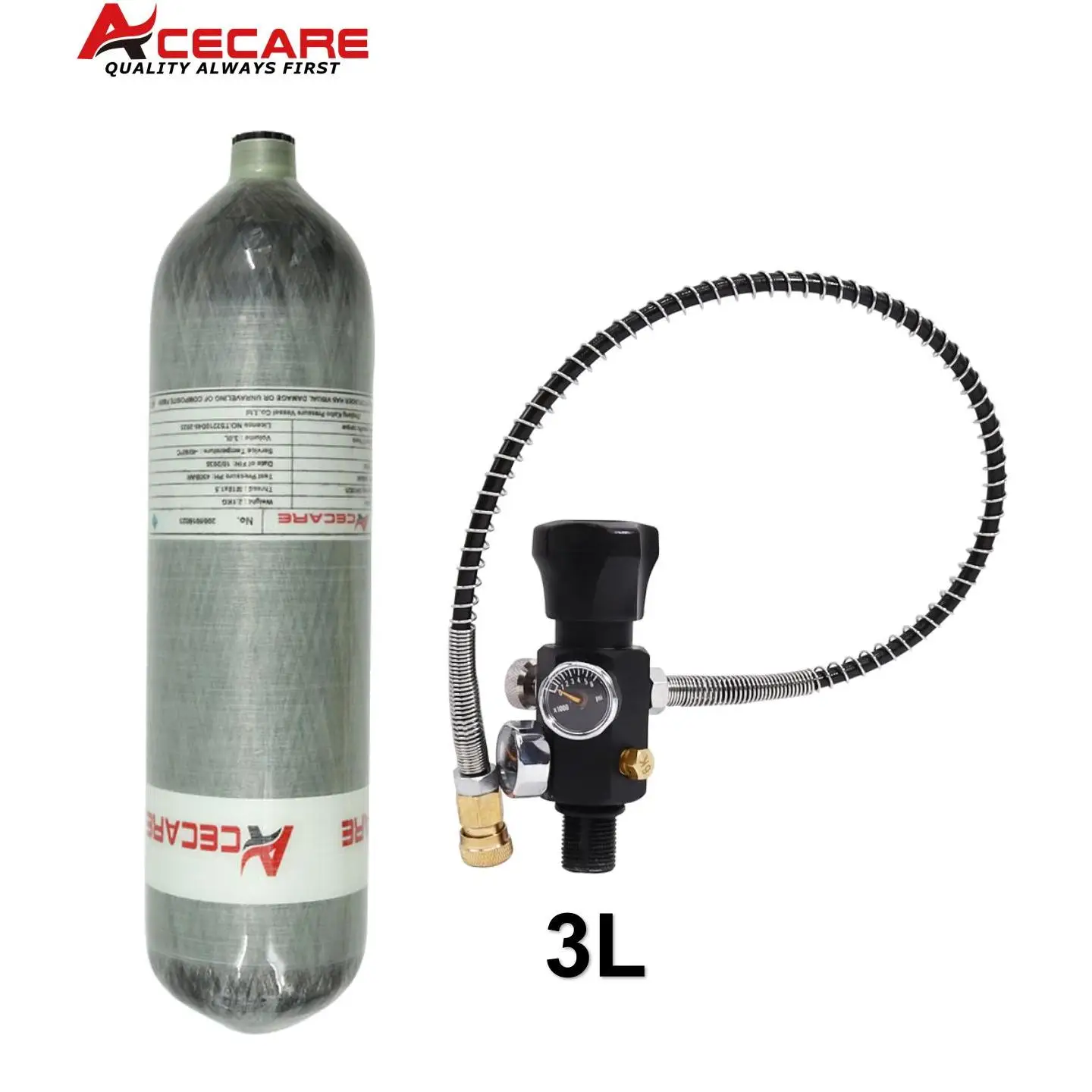 Acecare 4500psi 300Bar 3L Carbon Fiber Cylinder High Pressure Tank Charging Regulator Fill Station Dual Gauge Valve M18*1.5