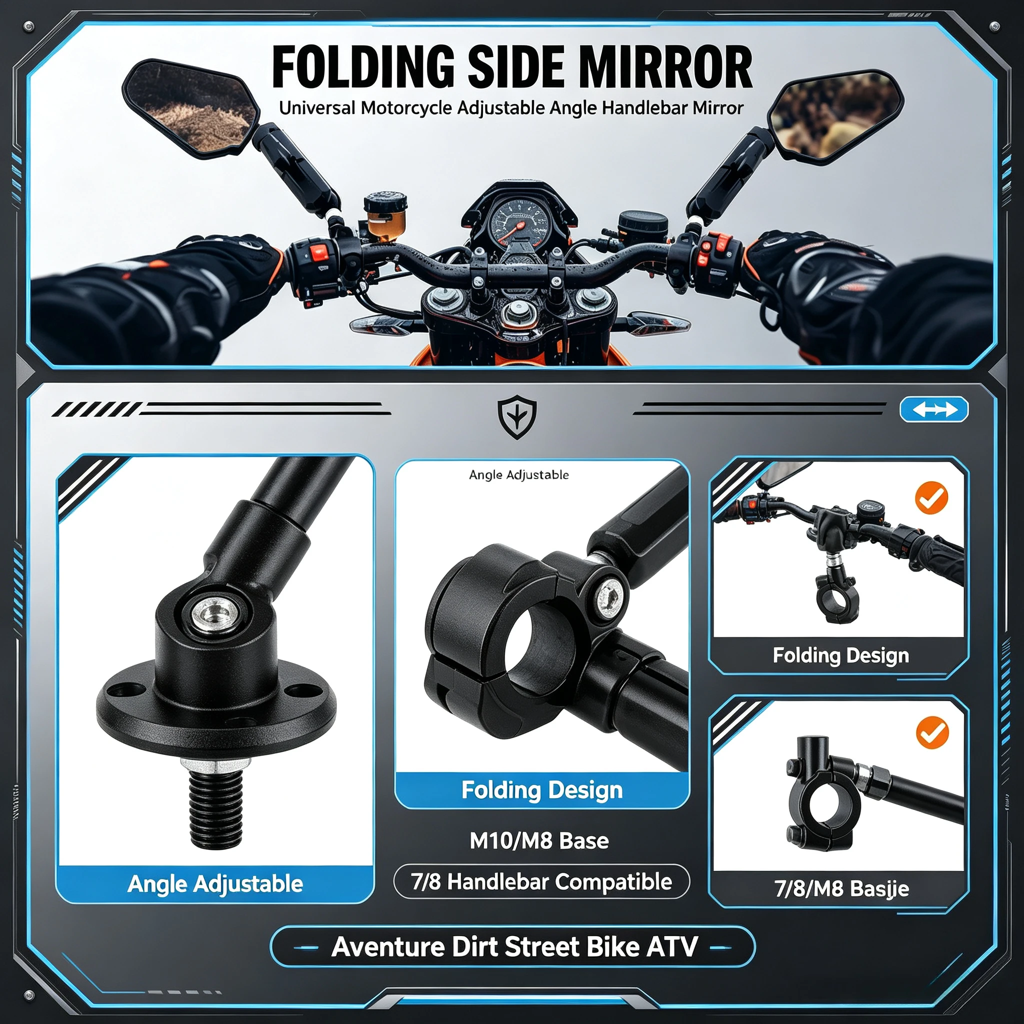 Universal Motorcycle Mirrors Angle Adjustable Folding Handlebar Side Mirror Compatible with Adventure Dirt Street Bike ATV