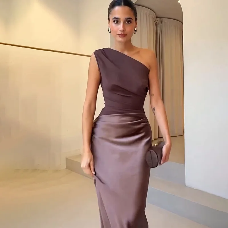 Julisa  Colorblock Satin Sexy Off-the-shoulder Women's Brown Sleeveless Evening Gown Summer Slim-fit Eleg Party Clubwear