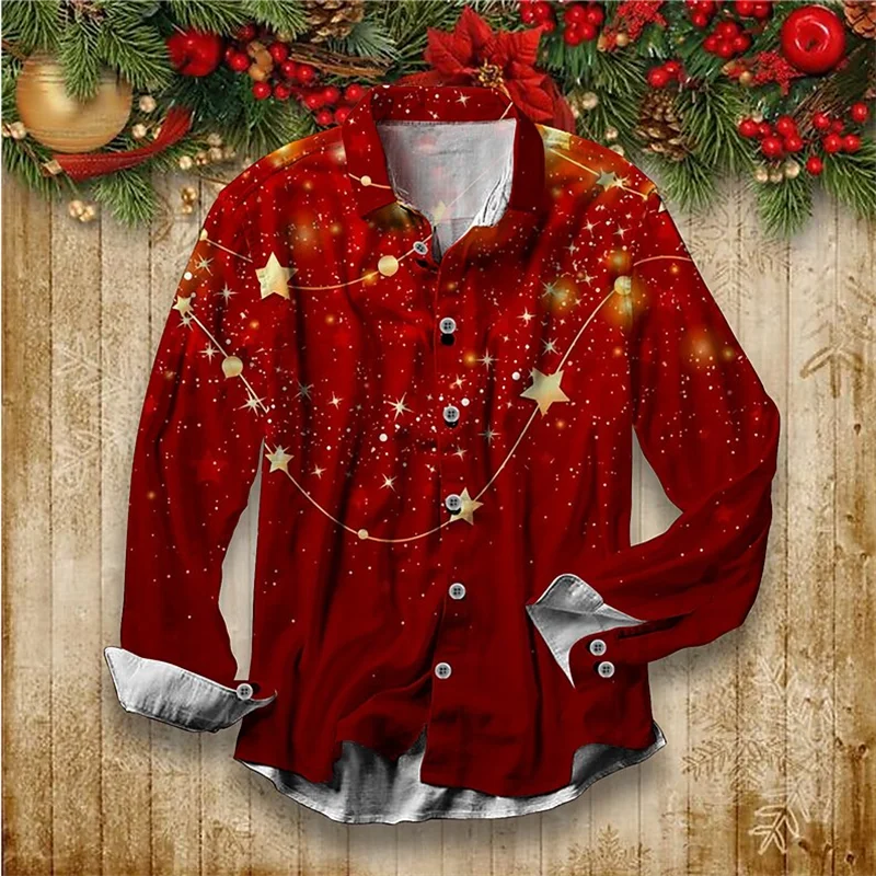 Men\'s Shirt Christmas Tree 3D Printing Button Lapel Long Sleeve Shirt Christmas Party Holiday Costume Fashion Design Casual Soft