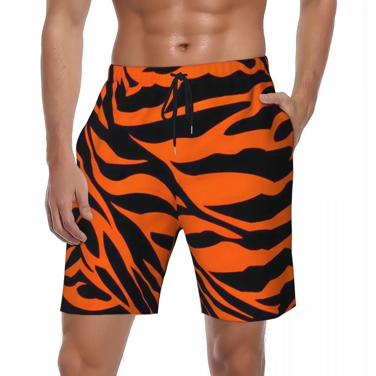 

Orange Zebra Stripe Board Shorts Summer Animal Skin Fashion Beach Shorts Men Surfing Quick Drying Custom Swimming Trunks