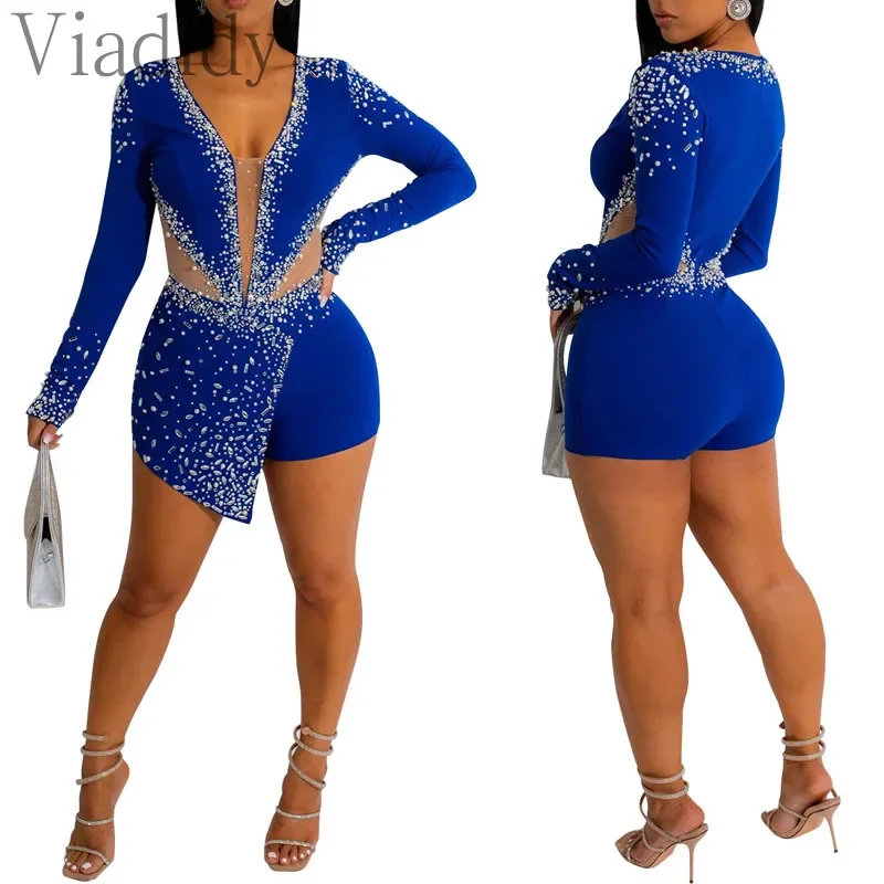 Romper wanita seksi kerah V dengan hiasan berlian imitasi dan jaring, lengan panjang, model ketat